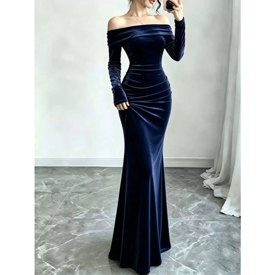 Full Size Off-Shoulder Velvet Mermaid Maxi Dress Plus Navy / XS Apparel and Accessories