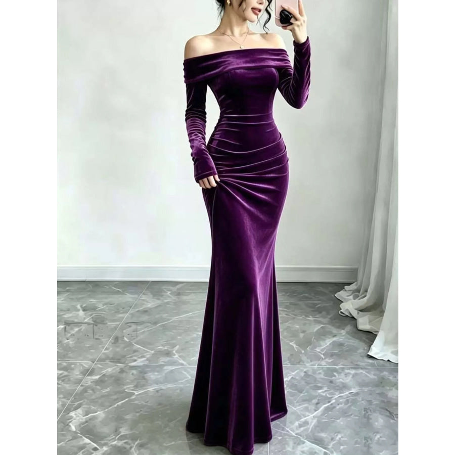 Full Size Off-Shoulder Velvet Mermaid Maxi Dress Plus Purple / XS Apparel and Accessories