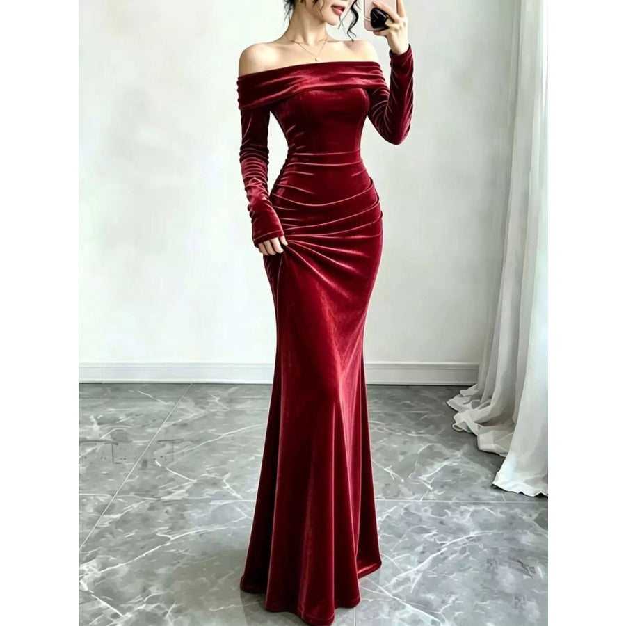 Full Size Off-Shoulder Velvet Mermaid Maxi Dress Plus Red / XS Apparel and Accessories