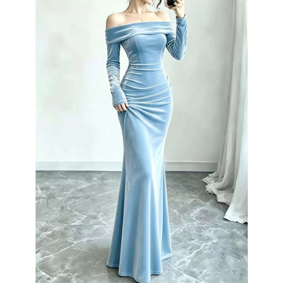 Full Size Off-Shoulder Velvet Mermaid Maxi Dress Plus Sky Blue / XS Apparel and Accessories