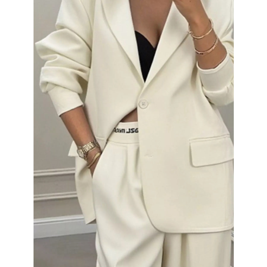 Full Size One Button Blazer and Wide-Leg Pants Set Plus Size Apparel and Accessories