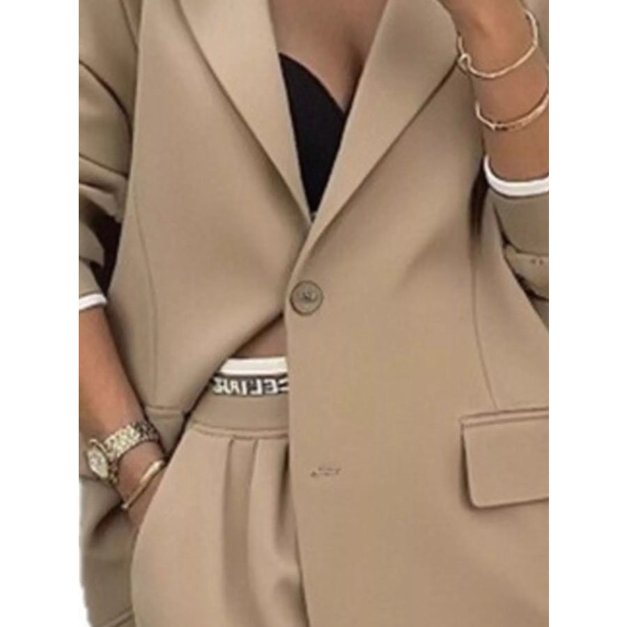 Full Size One Button Blazer and Wide-Leg Pants Set Plus Size Apparel and Accessories