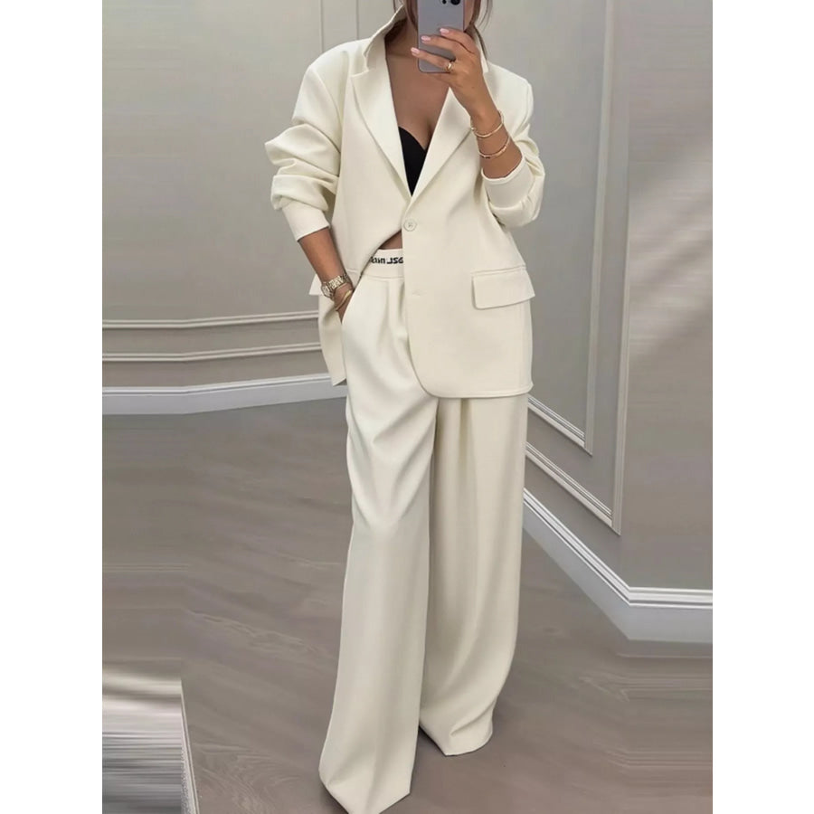 Full Size One Button Blazer and Wide-Leg Pants Set Plus Size Apricot / S Apparel and Accessories