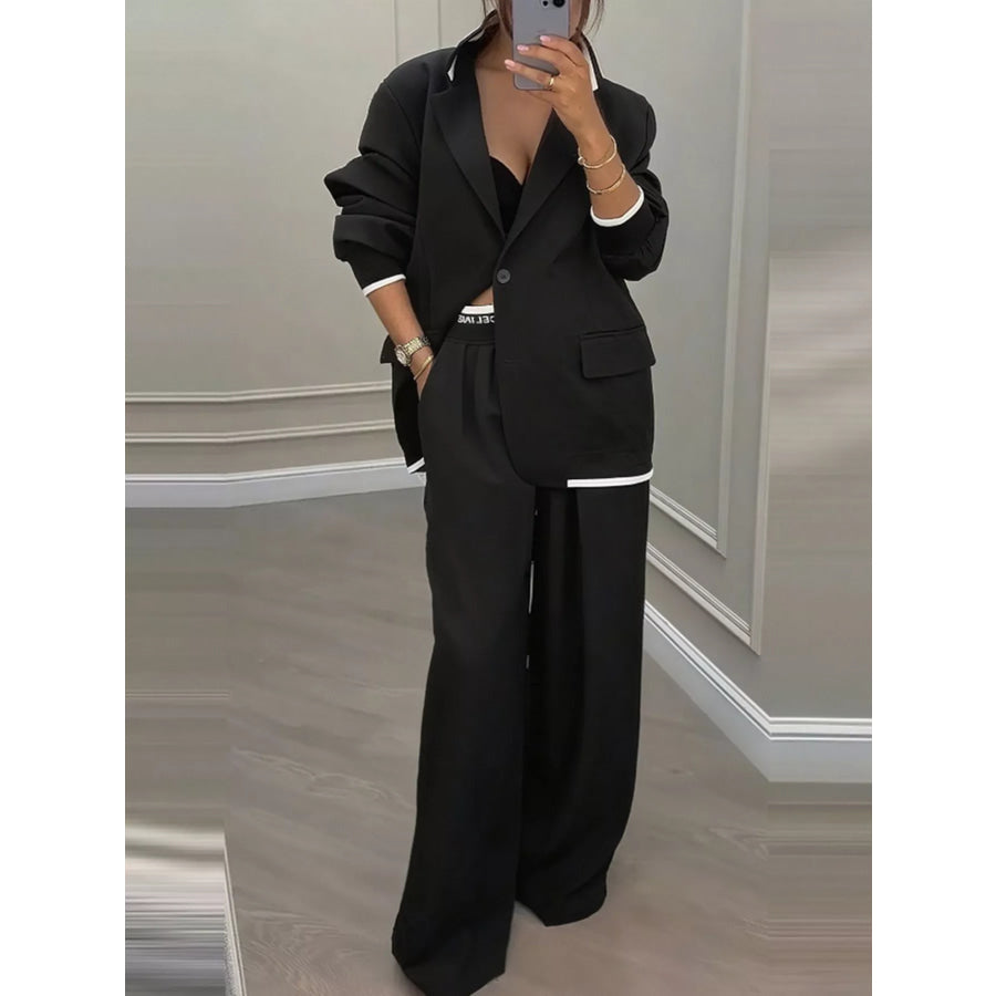 Full Size One Button Blazer and Wide-Leg Pants Set Plus Size Black / S Apparel and Accessories
