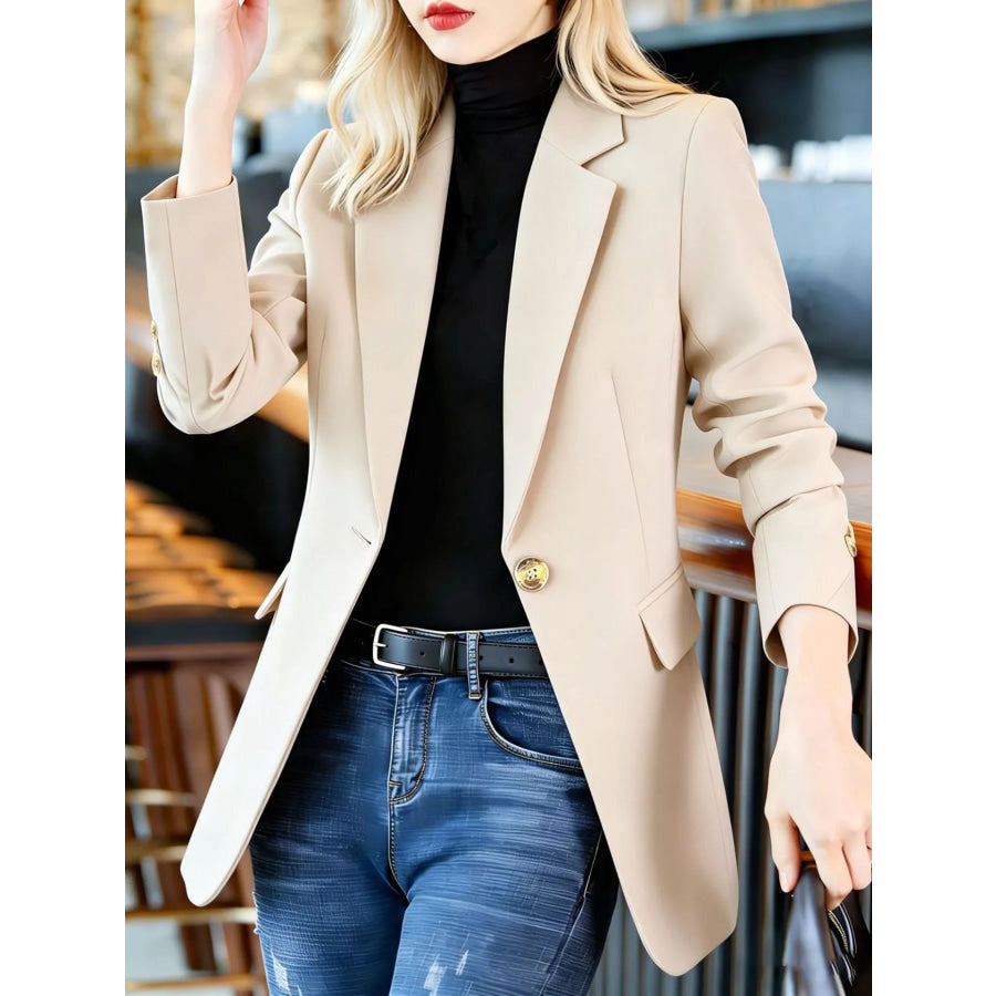 Full Size One Button Lapel Collar Blazer Plus Size Apparel and Accessories
