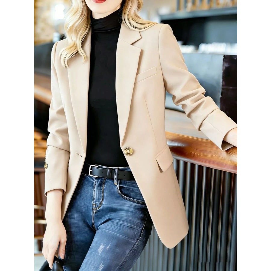Full Size One Button Lapel Collar Blazer Plus Size Apparel and Accessories