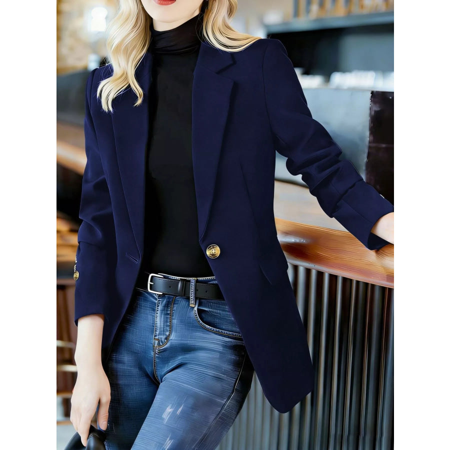 Full Size One Button Lapel Collar Blazer Plus Size Navy Blue / S Apparel and Accessories