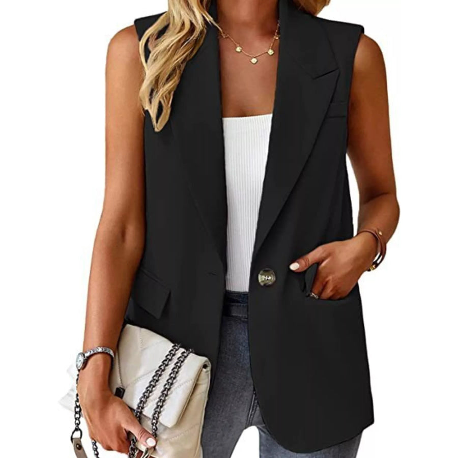 Full Size One Button Lapel Collar Vest Coat Plus Size Black / S Apparel and Accessories