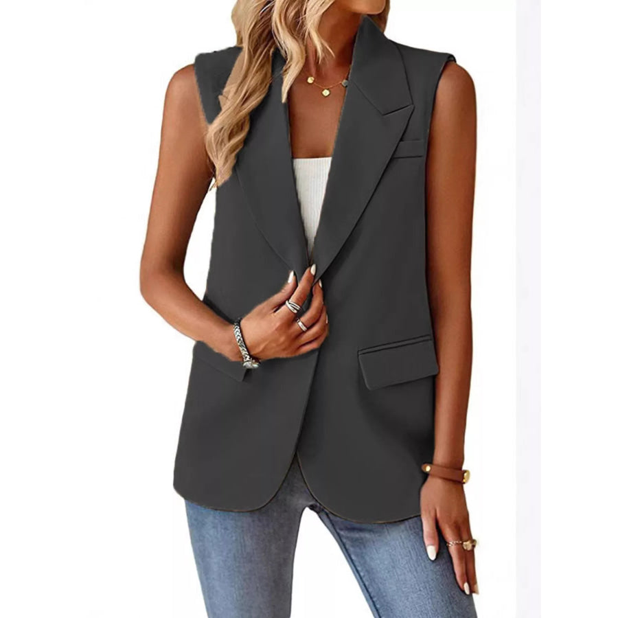 Full Size One Button Lapel Collar Vest Coat Plus Size Dark Grey / S Apparel and Accessories