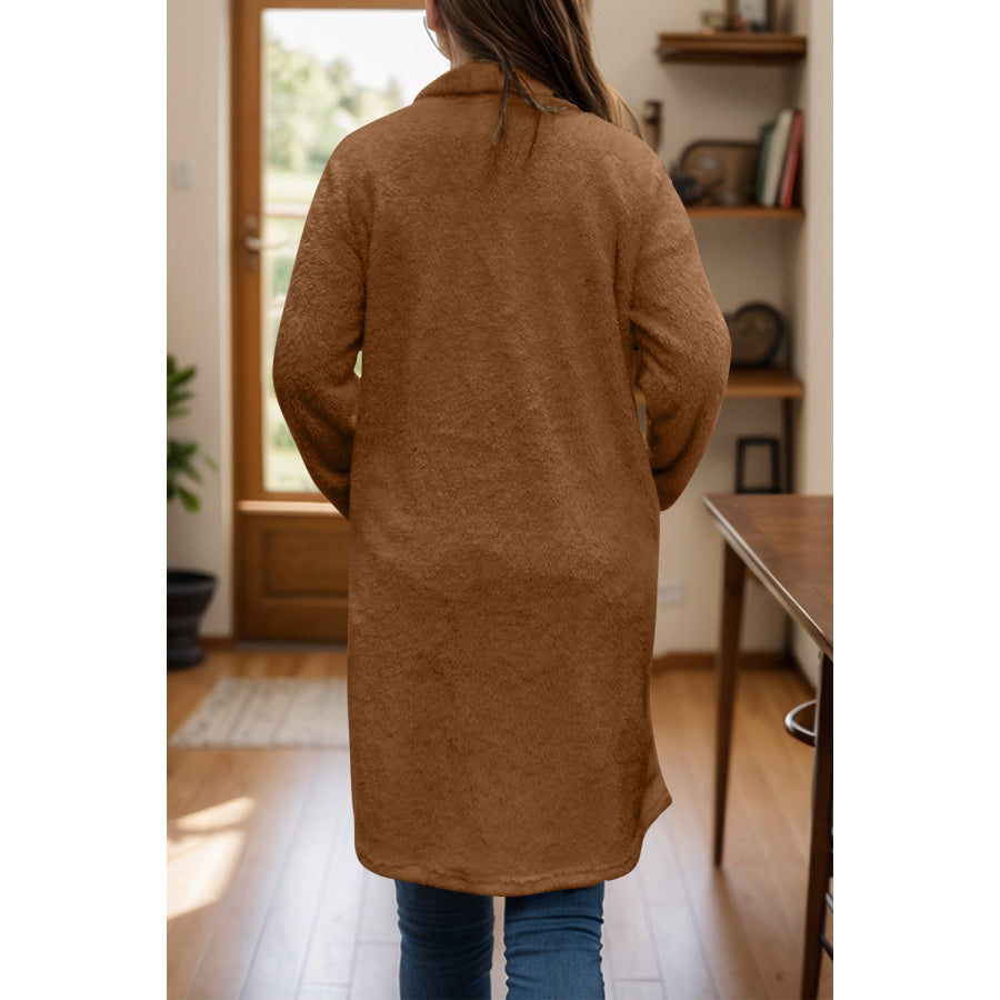 Full Size One Button Long Sleeve Longline Plush Coat Apparel and Accessories