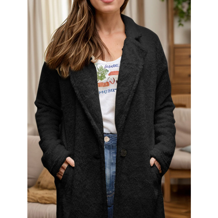 Full Size One Button Long Sleeve Longline Plush Coat Apparel and Accessories