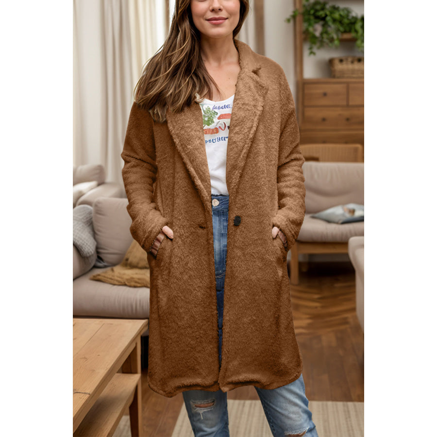 Full Size One Button Long Sleeve Longline Plush Coat Apparel and Accessories