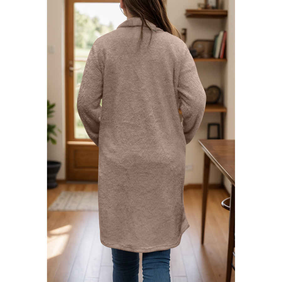 Full Size One Button Long Sleeve Longline Plush Coat Dust Storm / S Apparel and Accessories