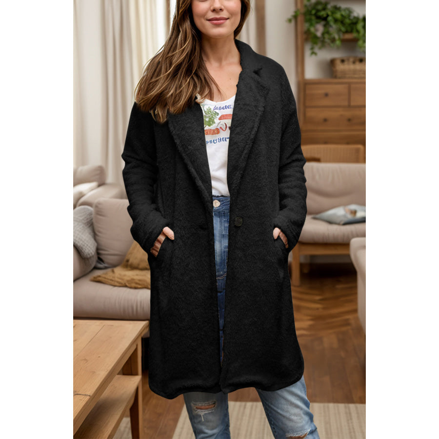 Full Size One Button Long Sleeve Longline Plush Coat Black / S Apparel and Accessories