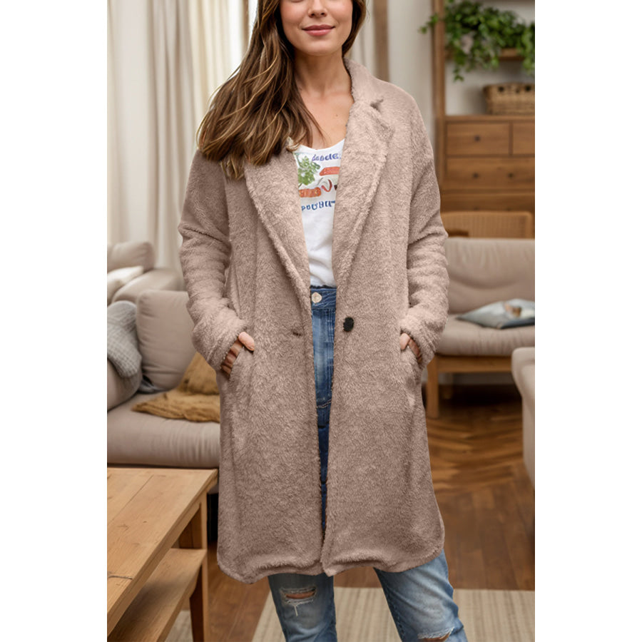 Full Size One Button Long Sleeve Longline Plush Coat Dust Storm / S Apparel and Accessories