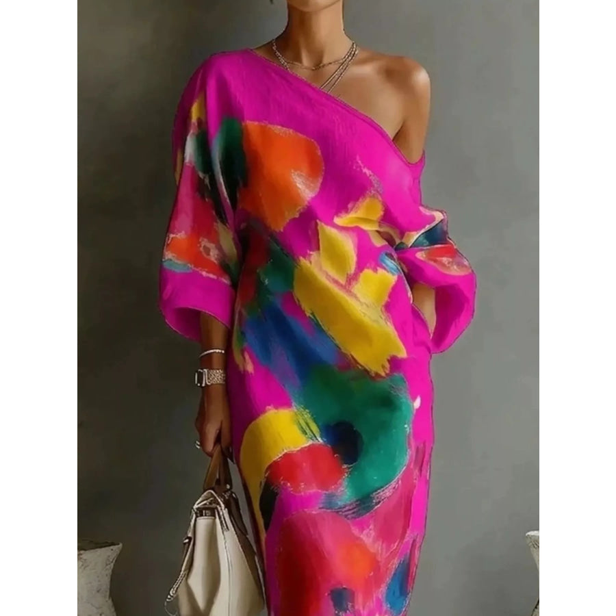 Full Size One-Shoulder Abstract Print Loose Fit Maxi Dress Plus Apparel and Accessories
