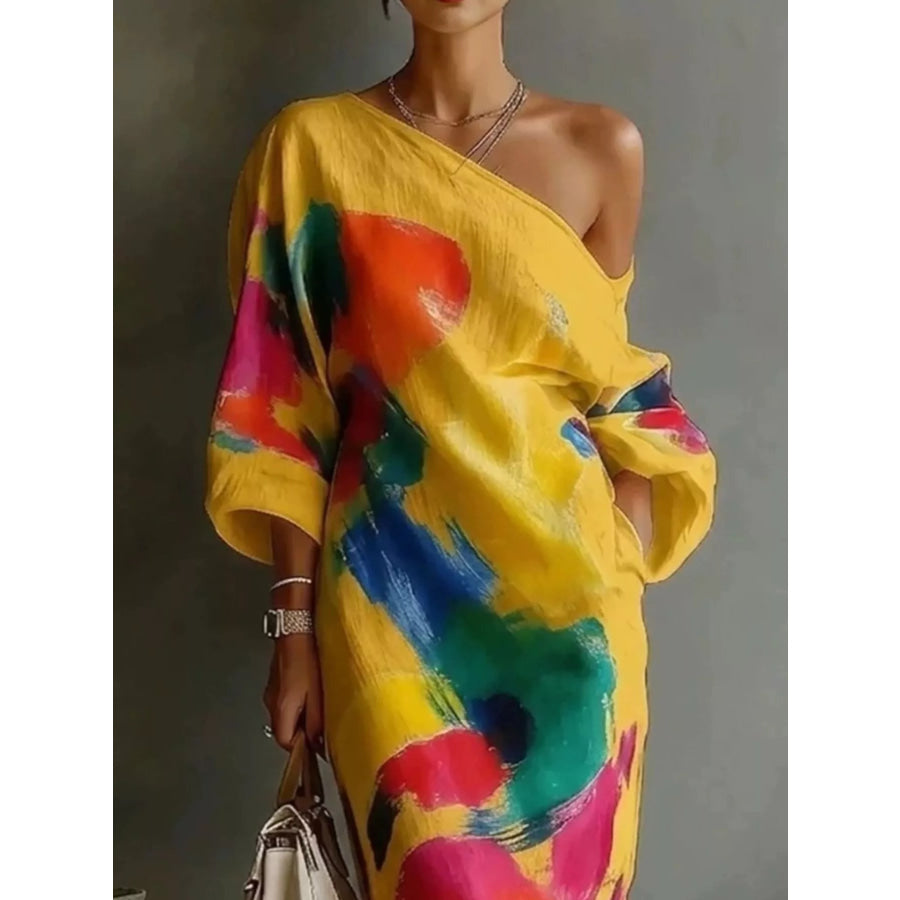 Full Size One-Shoulder Abstract Print Loose Fit Maxi Dress Plus Apparel and Accessories