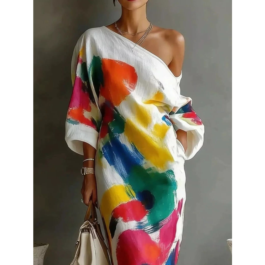 Full Size One-Shoulder Abstract Print Loose Fit Maxi Dress Plus Apparel and Accessories