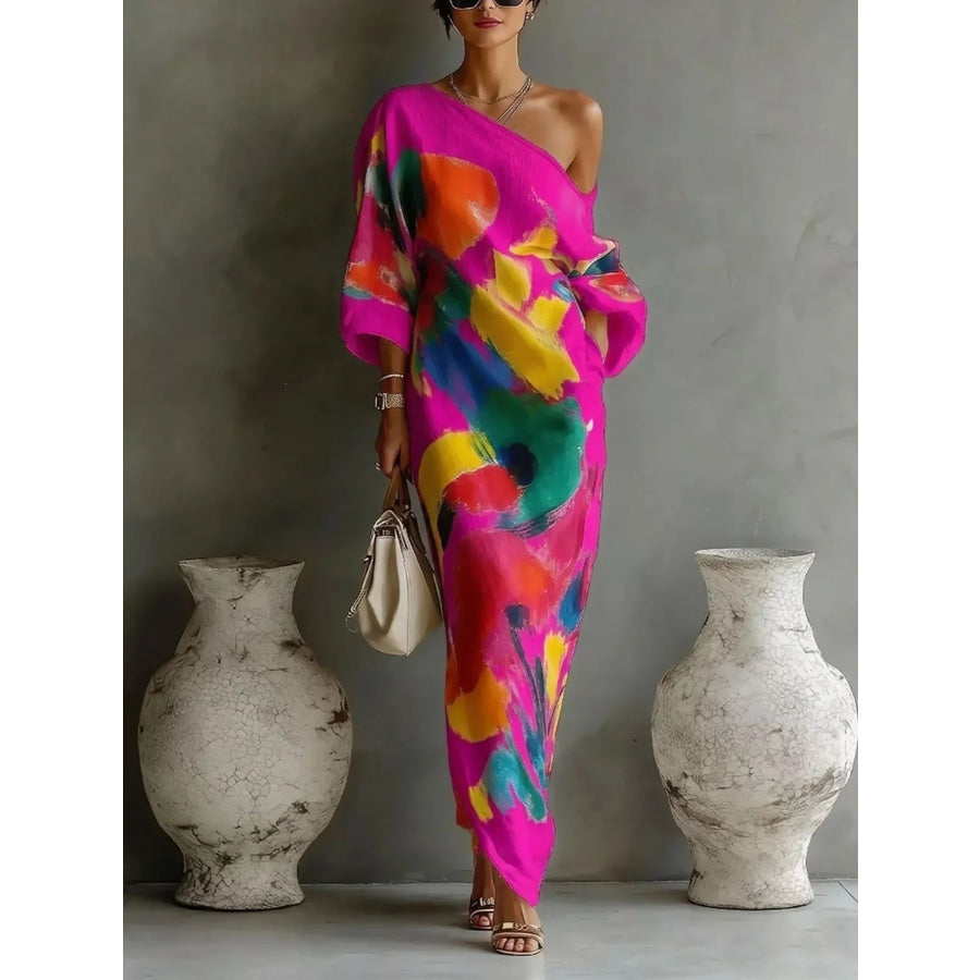 Full Size One-Shoulder Abstract Print Loose Fit Maxi Dress Plus Fuchsia Pink / S Apparel and Accessories