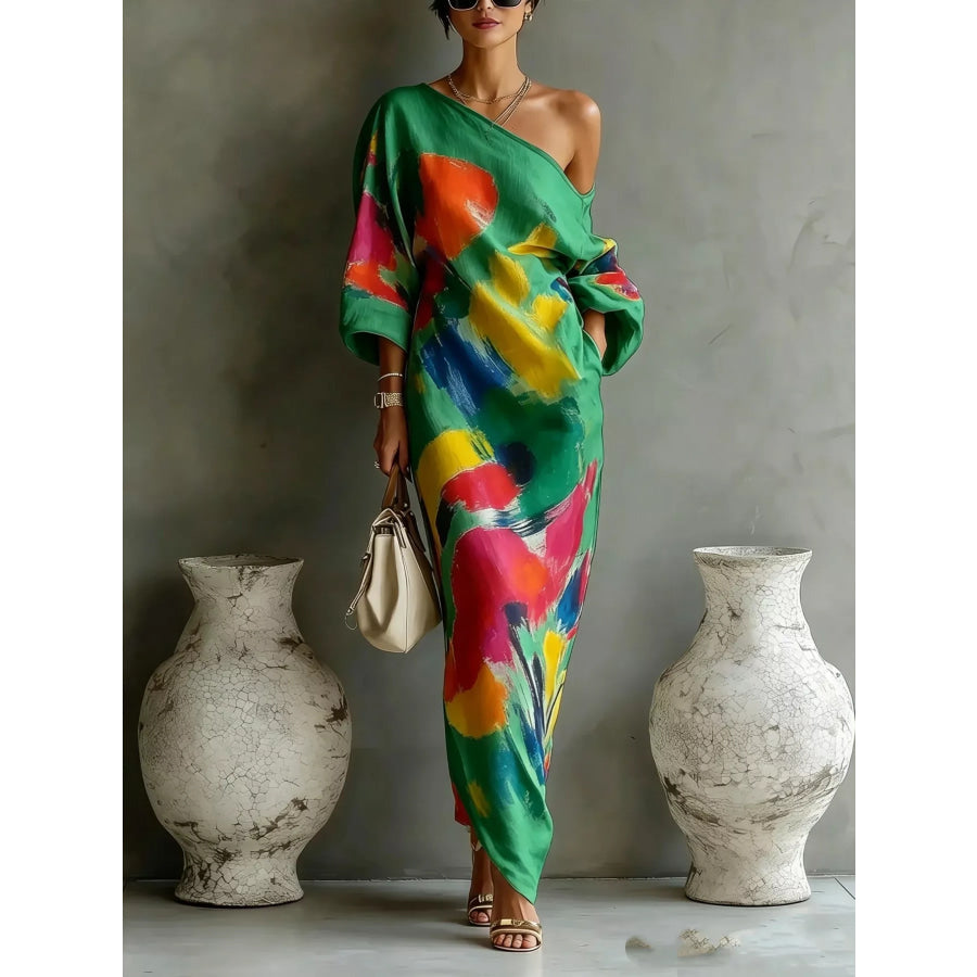 Full Size One-Shoulder Abstract Print Loose Fit Maxi Dress Plus Green / S Apparel and Accessories