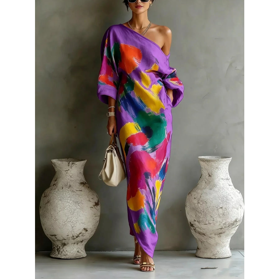 Full Size One-Shoulder Abstract Print Loose Fit Maxi Dress Plus Purple / S Apparel and Accessories