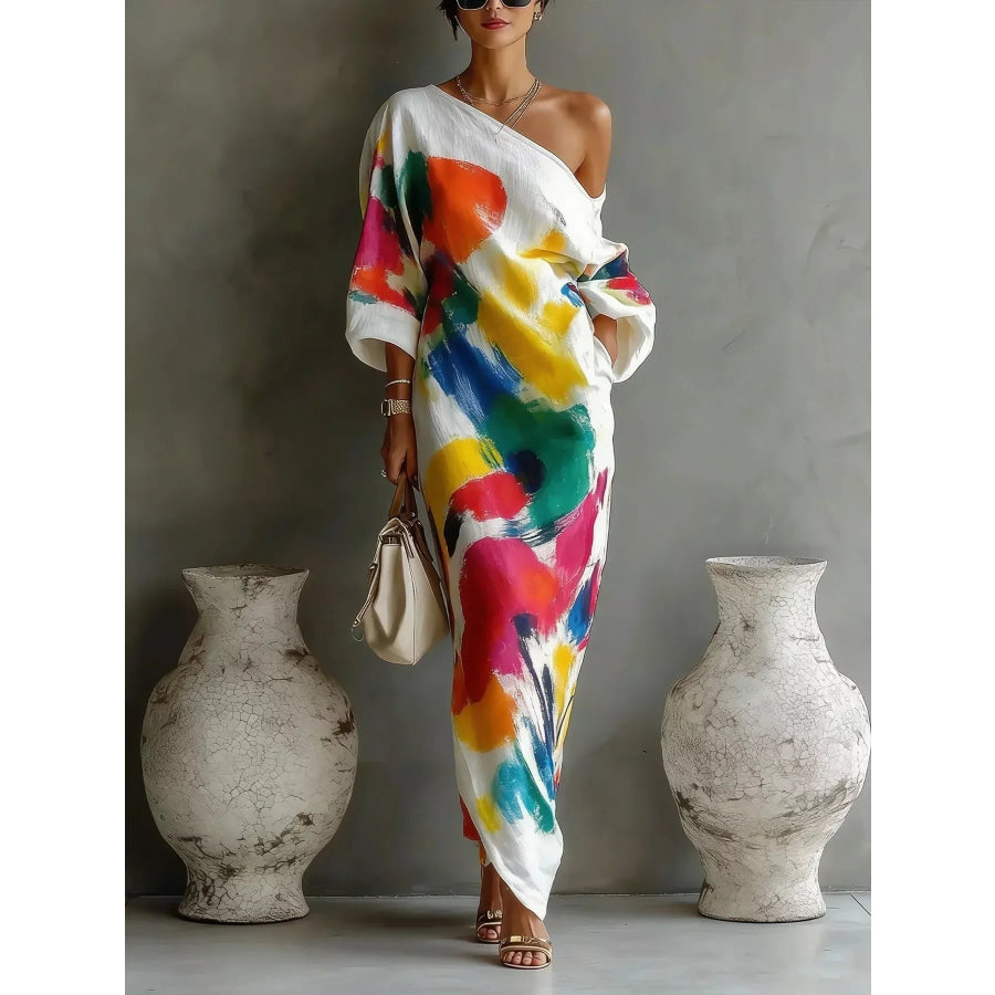 Full Size One-Shoulder Abstract Print Loose Fit Maxi Dress Plus White / S Apparel and Accessories