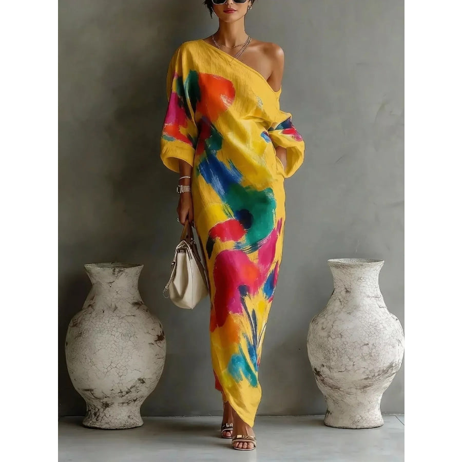 Full Size One-Shoulder Abstract Print Loose Fit Maxi Dress Plus Yellow / S Apparel and Accessories