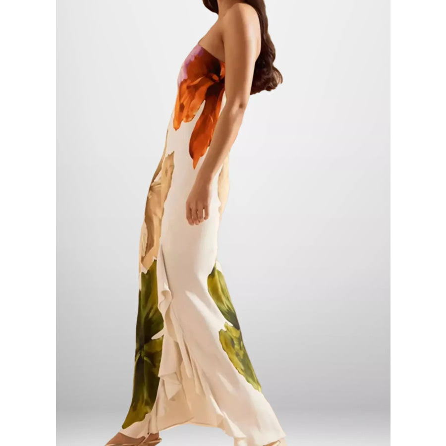 Full Size One-Shoulder Floral Print Satin Maxi Dress Plus Apparel and Accessories