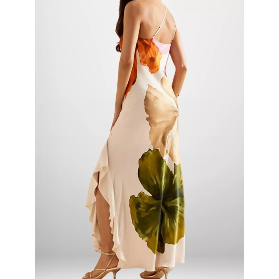 Full Size One-Shoulder Floral Print Satin Maxi Dress Plus Apparel and Accessories