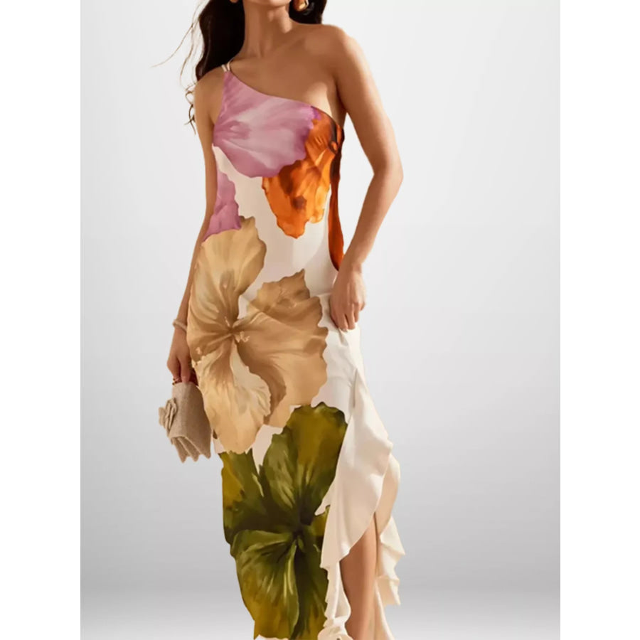 Full Size One-Shoulder Floral Print Satin Maxi Dress Plus Tan / S Apparel and Accessories