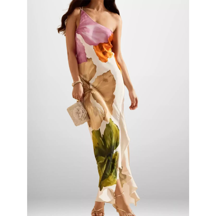 Full Size One-Shoulder Floral Print Satin Maxi Dress Plus Tan / S Apparel and Accessories