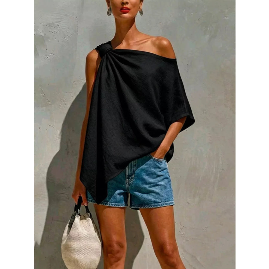 Full Size One-Shoulder Knot Detail Blouse Plus Black / S Apparel and Accessories