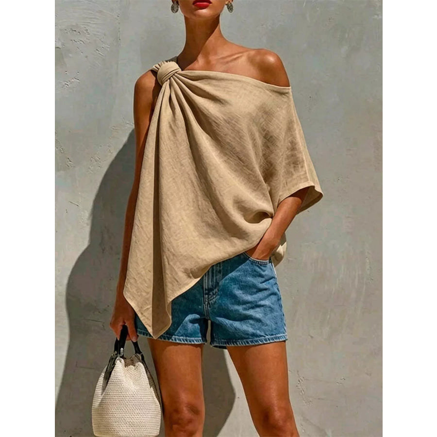 Full Size One-Shoulder Knot Detail Blouse Plus Khaki / S Apparel and Accessories