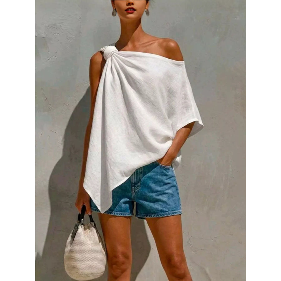 Full Size One-Shoulder Knot Detail Blouse Plus White / S Apparel and Accessories