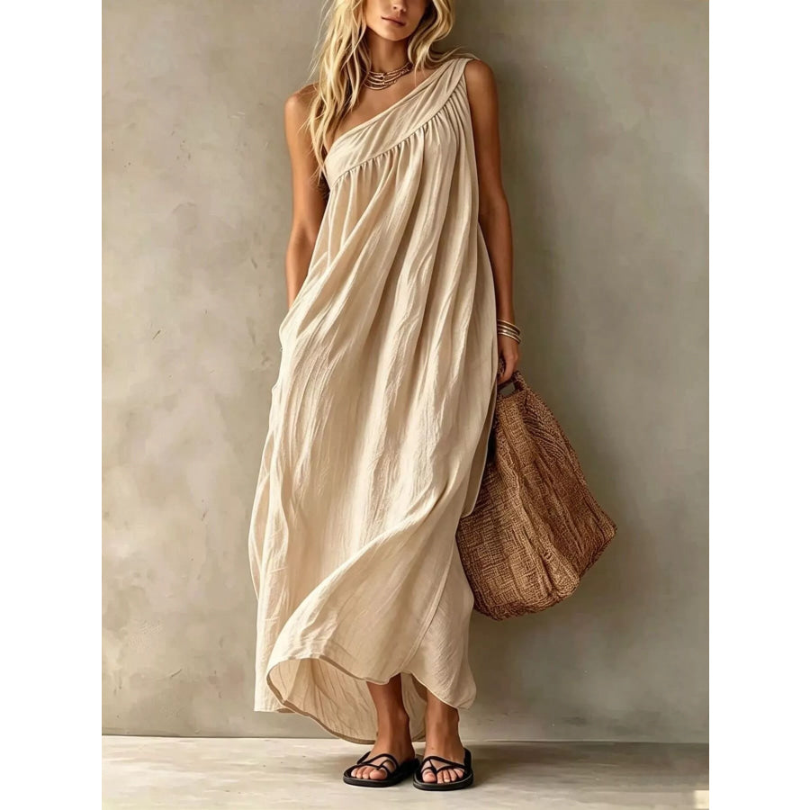Full Size One-Shoulder Maxi Dress Plus Size Beige / S Apparel and Accessories