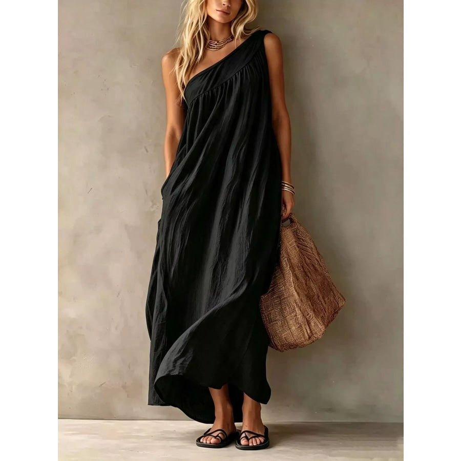 Full Size One-Shoulder Maxi Dress Plus Size Black / S Apparel and Accessories