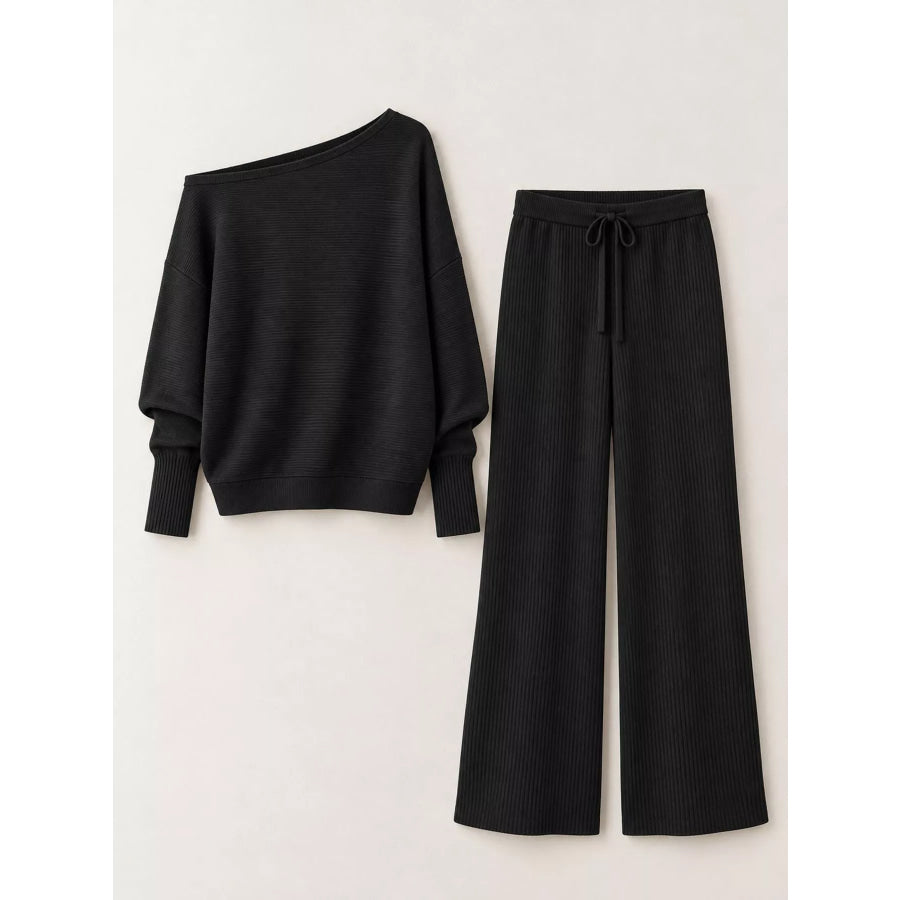 Full Size One-Shoulder Ribbed Knit Top and Wide Leg Pants Set Plus Apparel Accessories
