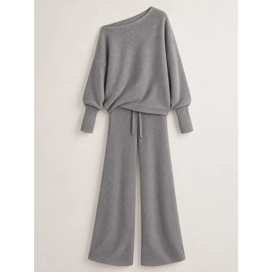Full Size One-Shoulder Ribbed Knit Top and Wide Leg Pants Set Plus Apparel Accessories