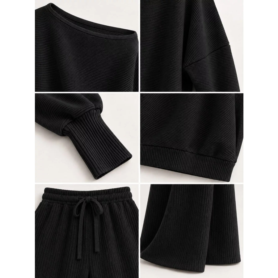 Full Size One-Shoulder Ribbed Knit Top and Wide Leg Pants Set Plus Apparel Accessories