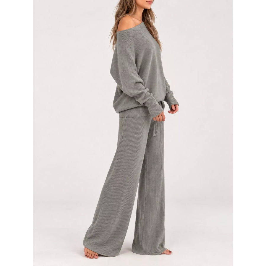 Full Size One-Shoulder Ribbed Knit Top and Wide Leg Pants Set Plus Apparel Accessories