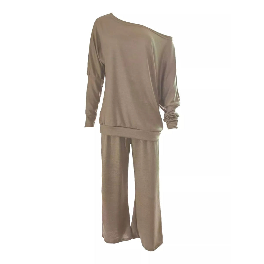 Full Size One-Shoulder Ribbed Knit Top and Wide Leg Pants Set Plus Apparel Accessories