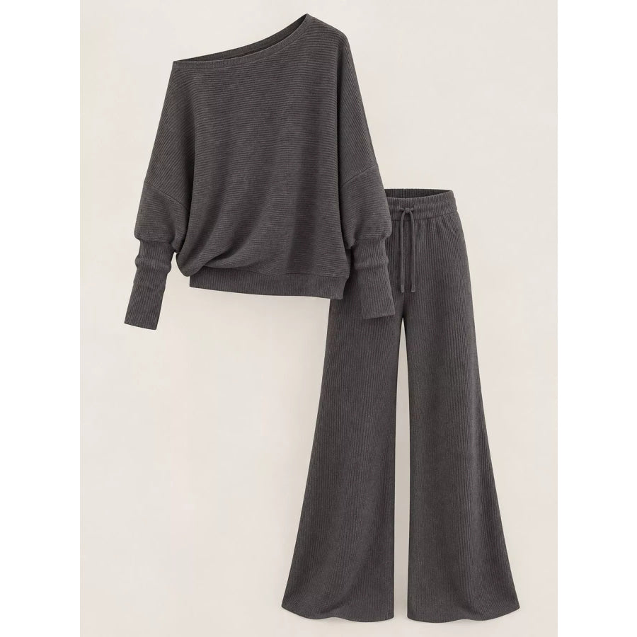 Full Size One-Shoulder Ribbed Knit Top and Wide Leg Pants Set Plus Apparel Accessories