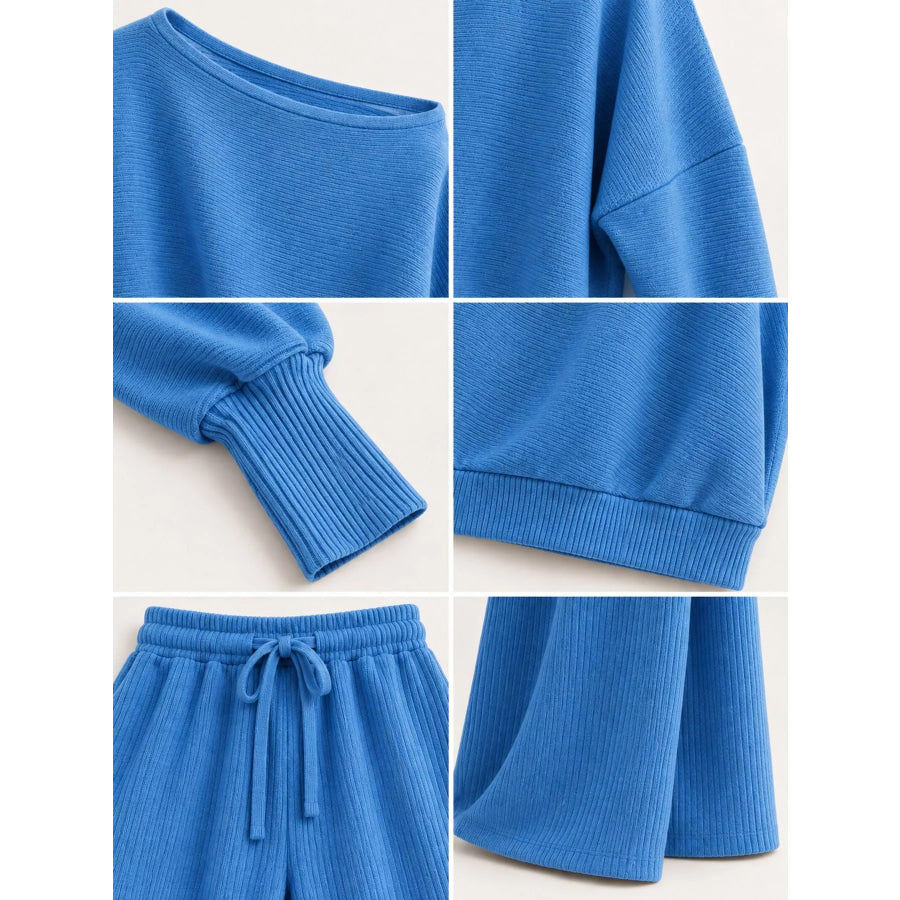 Full Size One-Shoulder Ribbed Knit Top and Wide Leg Pants Set Plus Apparel Accessories