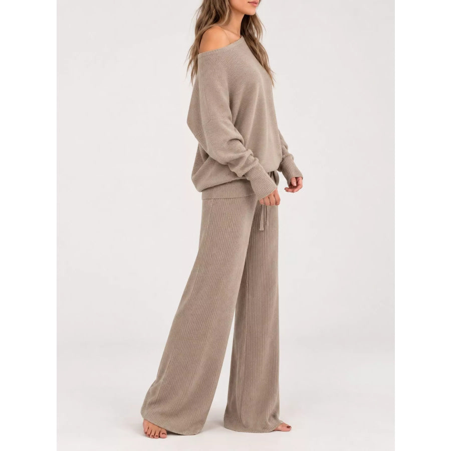 Full Size One-Shoulder Ribbed Knit Top and Wide Leg Pants Set Plus Apparel Accessories