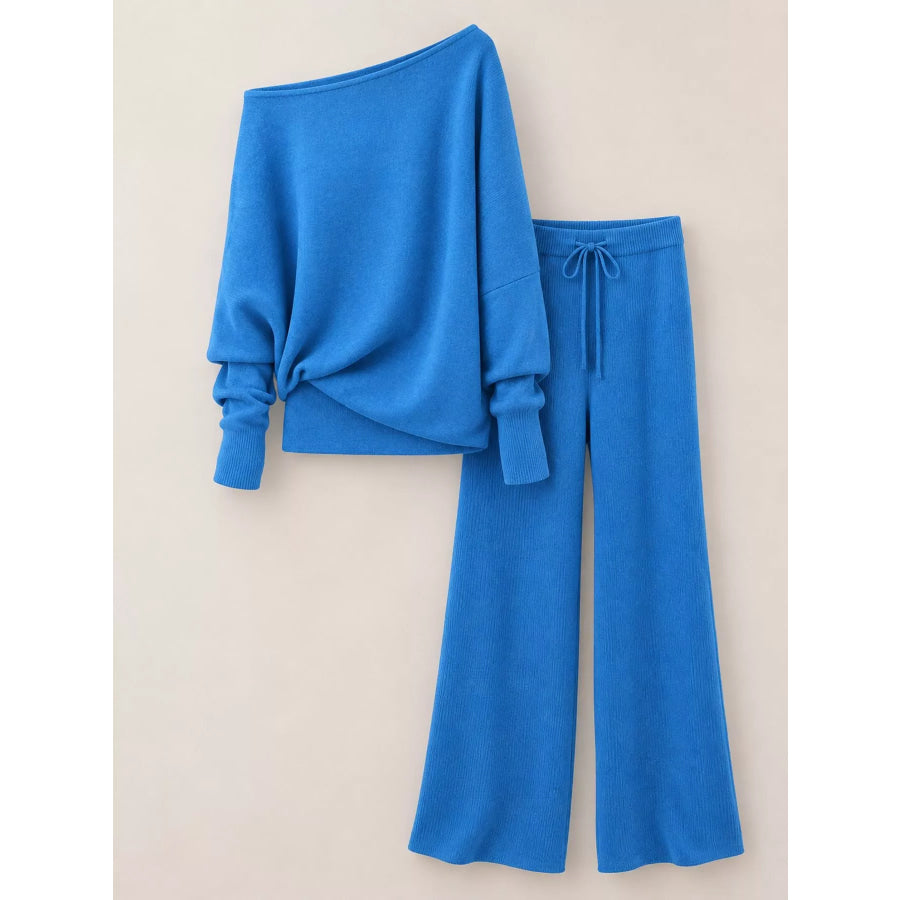 Full Size One-Shoulder Ribbed Knit Top and Wide Leg Pants Set Plus Apparel Accessories