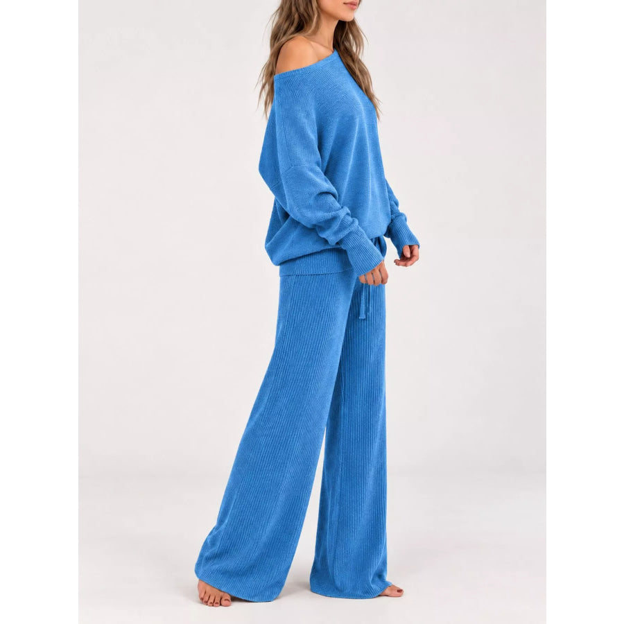 Full Size One-Shoulder Ribbed Knit Top and Wide Leg Pants Set Plus Apparel Accessories