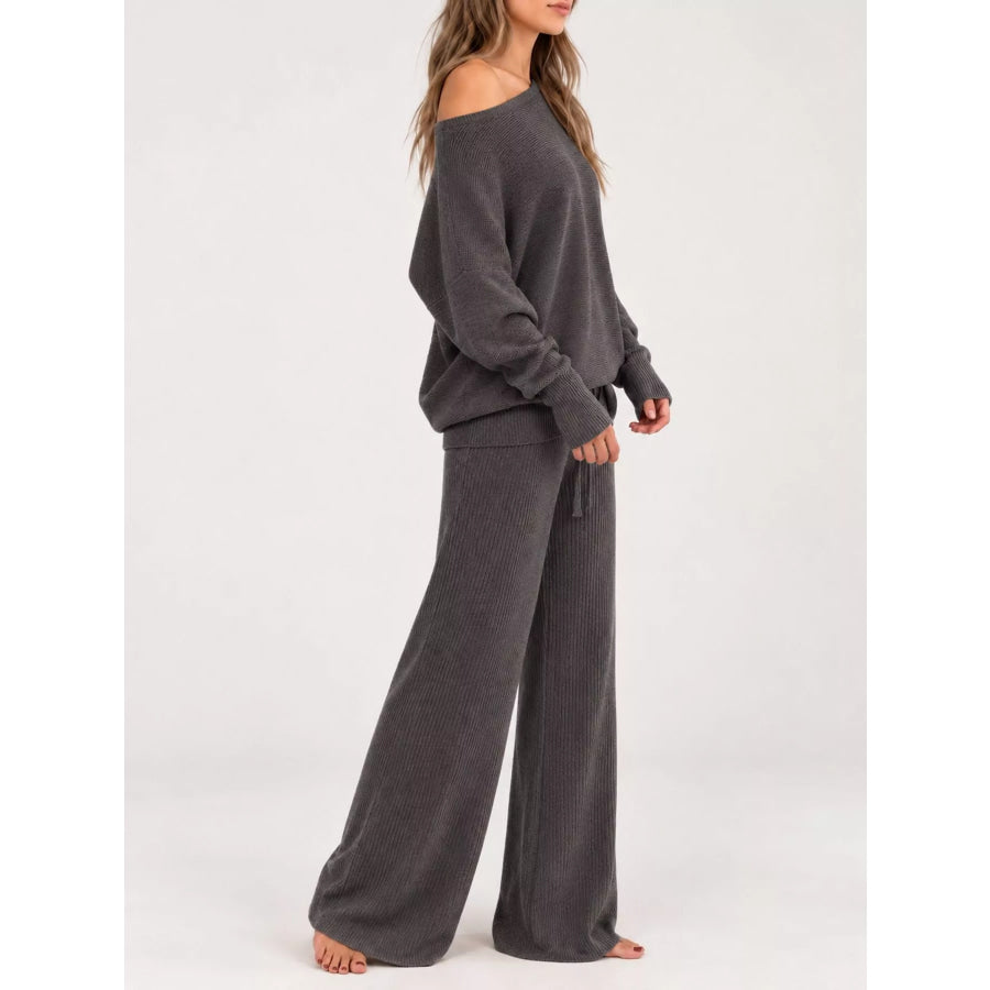 Full Size One-Shoulder Ribbed Knit Top and Wide Leg Pants Set Plus Apparel Accessories