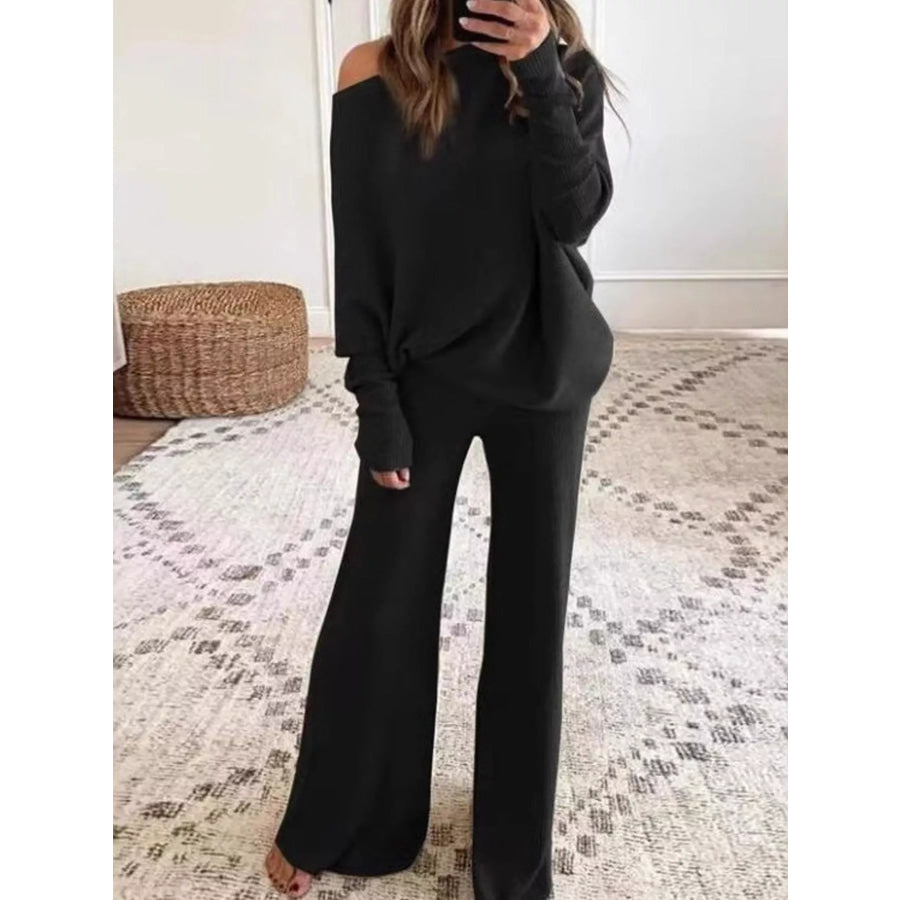 Full Size One-Shoulder Ribbed Knit Top and Wide Leg Pants Set Plus Black / S Apparel Accessories