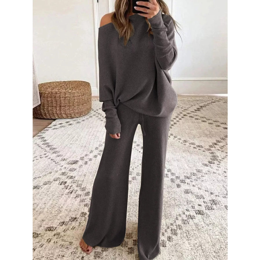 Full Size One-Shoulder Ribbed Knit Top and Wide Leg Pants Set Plus Dark Gray / S Apparel Accessories