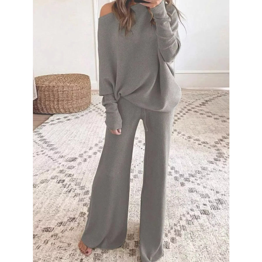 Full Size One-Shoulder Ribbed Knit Top and Wide Leg Pants Set Plus Gray / S Apparel Accessories
